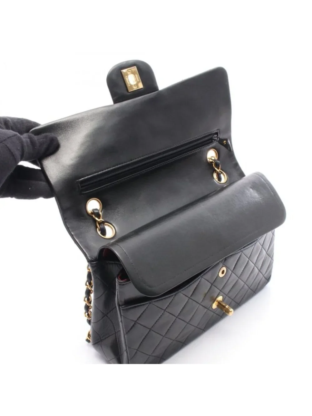 Chanel Shoulder Bag Quilted Double Flap Black Lambskin Chain